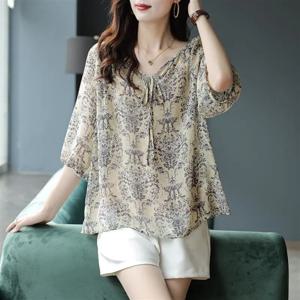 besteffie 여성 티셔츠 여름 쉬폰 티셔츠 브이넥 루즈 패턴 7부 셔츠 빅사이즈 칠부 반팔 블라우스 C52