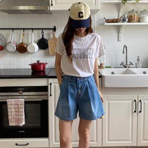 여자 고무줄 후레아 넓은 4부 데님팬츠