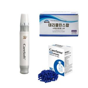 케어소프트사혈기+채혈침100개+국산알콜솜100개 채혈기 당뇨바늘 손따는 기구 사혈침 채혈침 혈당체크