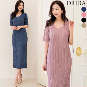 드리다 여름 U넥 플리츠 슬림 롱 반팔 편한 주름 트임 빅사이즈 원피스 40-50대 여성 미시 홈웨어 등원룩