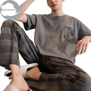 여름 니트 5XL 쿨 남성 잠옷 잠옷 캐주얼 Pjs 라운지 세트 남성 격자 무늬 잠옷 Nightwear Pijamas Homewear Fashion