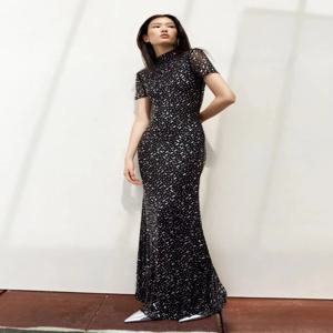 검은 짧은 소매 Brithday 파티 드레스 럭셔리 2025 여름 새로운 스키니 핫 드릴링 맥시 드레스 패션 파티 드레스 여성 의류