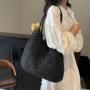 여성용 컬러 비즈 장식 크로셰 밀짚 가방, 대용량 니트 토트 핸드백, 여성 데일리 핸드백