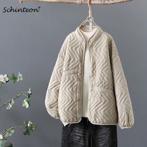 Schinteon-여성용 울트라 라이트 화이트 오리털 재킷, 스탠드 칼라, 가을/겨울용 따뜻한 코트, 빈티지 루즈핏 오버사이즈 아웃웨어, 2023 년 신제품