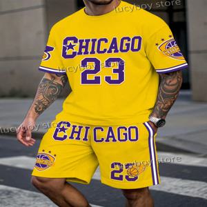 New In Chiago No.23 프린트 남성용 노란색 캐주얼 반소매 티셔츠 반바지 세트 성인 농구 조깅 2 피스 세트 남성 의류