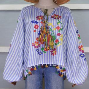 여성용 빈티지 자수 셔츠, 루즈 튜닉, 긴 소매, 레이스업 프린지, 화이트 코튼, 에스닉 블라우스 셔츠, 여름 의류