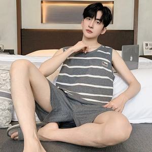 남성용 얇은 민소매 면 잠옷, 남성용 포켓 잠옷 세트, 홈웨어 수면 바지, 큰 야드, 3XL, 4XL, 드롭쉽