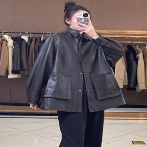 진짜 가죽 외투 루즈핏 긴팔 레이어드 스타일 빅사이즈 진짜 가죽 양가죽 미디 길이 루즈핏 외투 자켓 재킷 외투