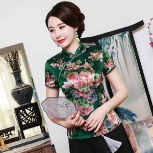 여성용 반팔 블라우스, 중국 전통 면 상의, 우아한 만다린 칼라, 블루 프린트 플라워 셔츠, 라지 사이즈 3XL-5XL