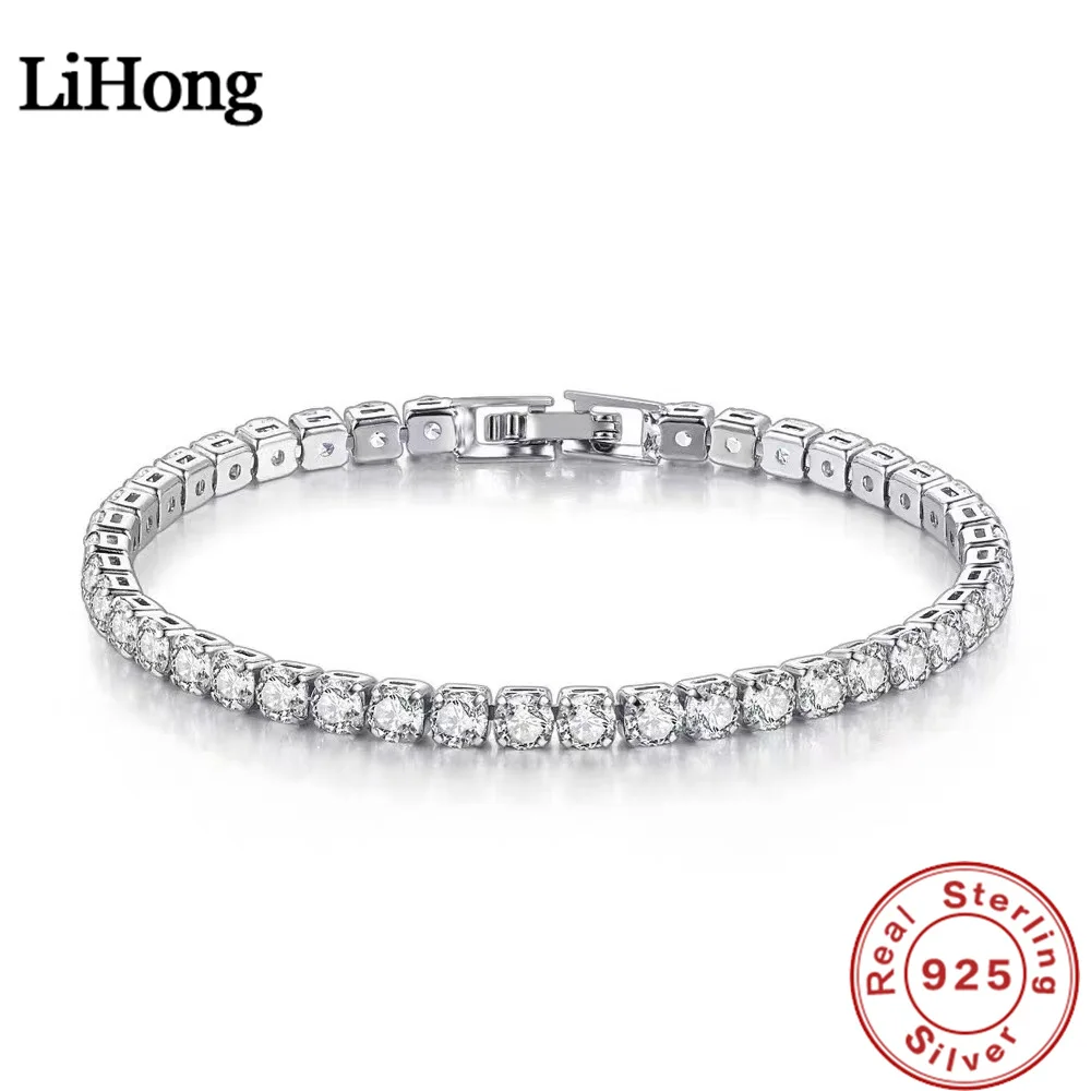 Lihong S925 스털링 실버 팔찌 지르코니아 테니스 공, 여성 패션, 간단한 약혼, 웨딩 참 쥬얼리, 4mm, 16-20cm