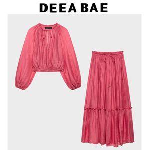 DEEABAE 여름 여성 긴 소매 주름 효과 v 넥 짧은 탑 하이 웨이스트 루즈하고 편안한 롱 스커트 세트