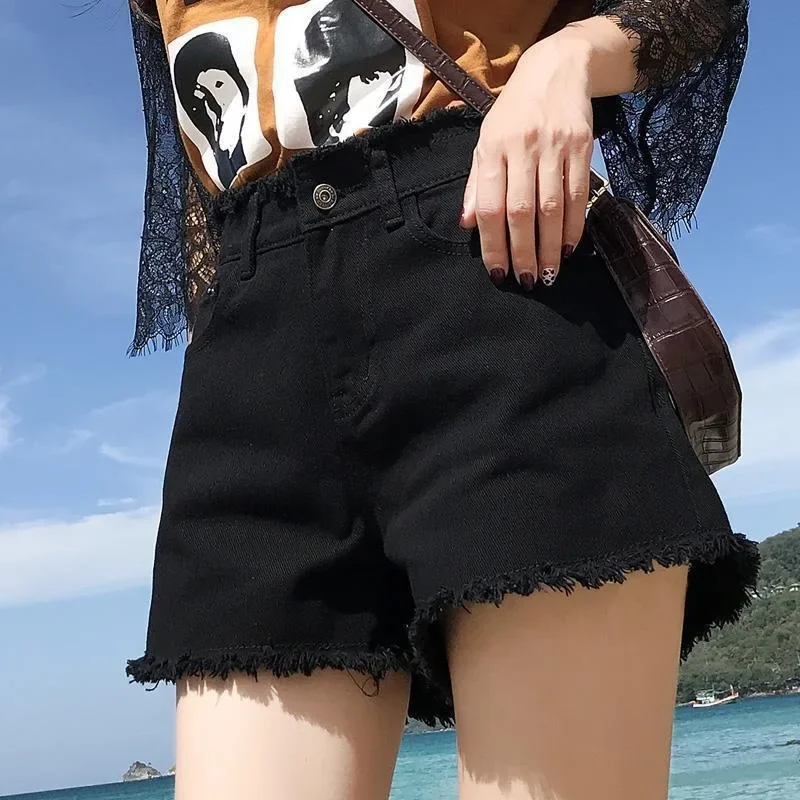 봄 여름 여성 데님 반바지 여성 넓은 다리 짧은 청바지 패션 여성 높은 허리 검은 Tassels Caual 반바지 여자