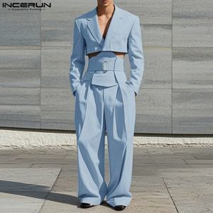 INCERUN 봄 가을 남성 세트 긴 소매 탑 솔리드 와이드 레그 팬츠 남성 의류 투피스 세트 캐주얼 정장 streetwear