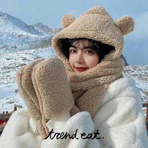 제니 양털 곰돌이 일체형 모자 목도리 장갑 4color