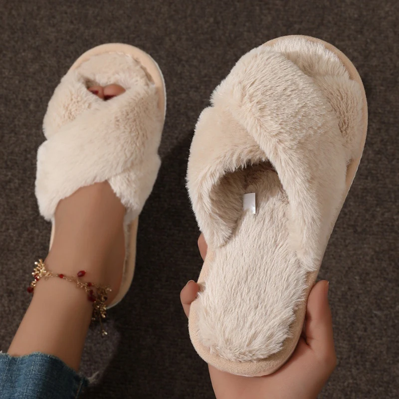 패션 여성 푹신한 슬리퍼 크로스 밴드 부드러운 플러시 아늑한 집 신발 모피 오픈 발가락 실내 야외 슬립 따뜻한 안티 스키드 단독