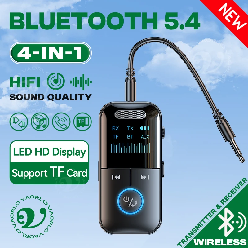4 in 1 Bluetooth 5.4 오디오 수신기 송신기 3.5MM AUX TF 카드 스테레오 음악 LED 디스플레이 자동차 TV 용 마이크가있는 무선 어댑터