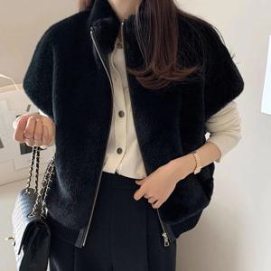 세련된 가을 겨울 빈티지 간단한 스탠드 칼라 가짜 밍크 모피 느슨한 다목적 지퍼 스타일 모피 조끼 자켓 여성