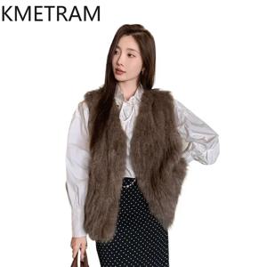 여성용 진짜 검은 모피 조끼, 럭셔리 따뜻한 민소매 모피 코트, 짧은 겨울 옷, 2024 외투, V넥, 신제품
