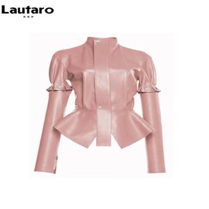 Lautaro 봄 가을 짧은 세련된 세련된 핑크 반짝 이는 반사 특허 Pu 가죽 자켓 여성 분리형 긴 소매 2023