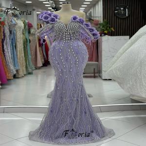 우아한 구슬 레이스 아플리케 인어 포멀 이브닝 드레스, 크리스탈 플라워, 맞춤형 무도회 원피스, 긴 파티 가운