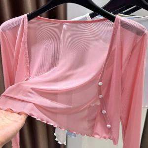 아이스 실크 자외선 차단 짧은 카디건 여성 여름 겉옷 메쉬 커버 숄 어깨 길이 포켓 손수건