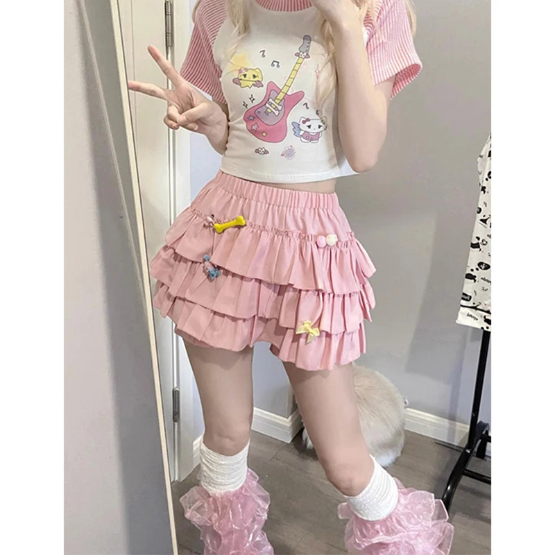 MEXZT Y2K Sweet Ruffles 미니 스커트 여성 카와이 로리타 보우 라인 스커트 하라주쿠 일본 하이 웨스트 핑크 화이트 볼 가운 스커트