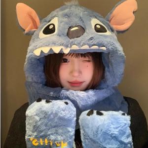 디즈니 스티치 칩 앤 데일 여성용 겨울 모자 스카프, 원피스, 한국 버전 트렌드, 귀여운 만화 봉제 장갑, 따뜻한 모자 스카프 세트