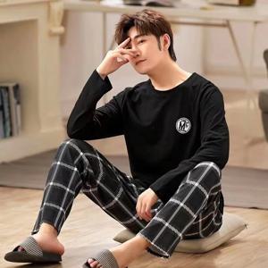 여름 남성 잠옷 2024 새로운 긴팔 대형 청소년 홈웨어 정장 검은 격자 무늬 바지 투피스 세트는 외부에서 착용 가능