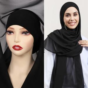 2025New 뜨거운 판매 프리미엄 인스턴트 쉬폰 Hijab 랩 Bulit-in 자석 솔리드 컬러 이슬람 여성 스카프 목도리 Undercap