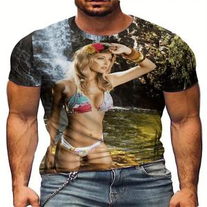 남성용 3D 전신 워터 비키니 비치 프린트 티셔츠 - 속건성 통기성 폴리에스테르, 루즈핏 플러스 사이즈, 레트로