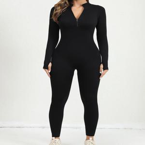 여성 Rompers 골지 긴 소매 지퍼 전면 스트레치 배꼽 컨트롤 요가 운동 Rompers