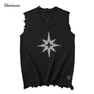 Slavinson 남성용 니트 조끼 여름 솔리드 컬러 스타 패턴 메쉬 조끼 캐주얼 민소매 통기성 모직 니트 소프트 탑 미국 사이즈