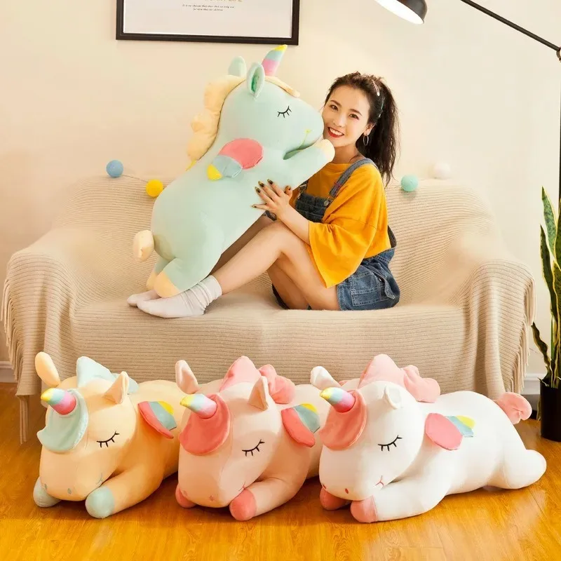 Kawaii 거짓말 유니콘 플러시 장난감 부드러운 귀여운 화이트 핑크 말 Appease 인형 베개 어린이를위한 소녀 생일 선물 룸 장식