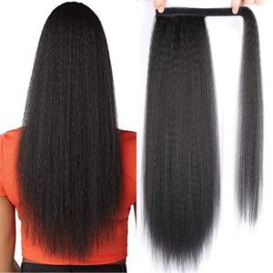 흑인 여성을위한 합성 긴 변태 스트레이트 포니 테일 확장 야키 랩 Arpund Hair 매직 페이스트 블랙 테일의 24 인치 클립