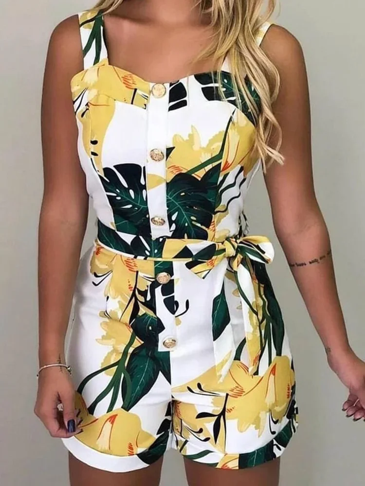 민소매 프린트 버튼 디자인 Rompers 여성 Playsuits 두꺼운 스트랩 캐주얼 슬림 여름 원피스 오버올
