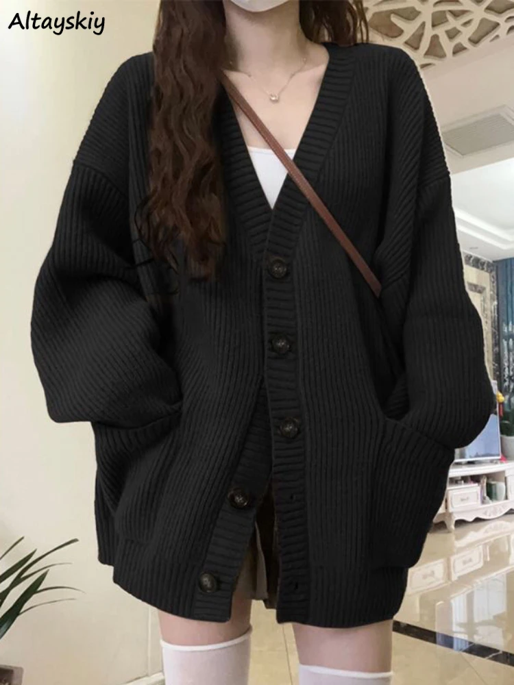 느슨한 카디건 여성 긴 소매 v 넥 니트 블랙 Slouchy 모든 경기 여성 가을 ​​겨울 코트 한국 스타일 세련된 헐렁한상의