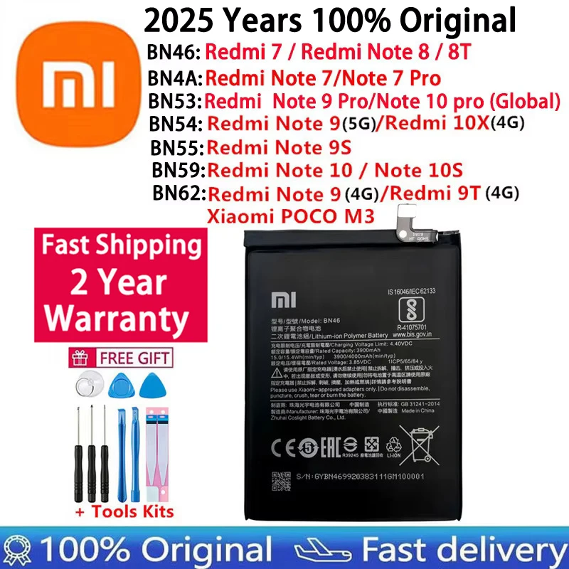 100% 오리지널 BN46 BN4A BN53 BN54 BN55 BN59 BN62 배터리 Xiaomi Redmi 7 9T 10X POCO M3 Note 7 8 8T 9 9S 10 10S pro 배터리