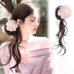 40cm 합성 봄 동백 드래곤 수염 미트볼 머리 가발 클립 여성 자연 부드러운 변덕스러운 머리 확장