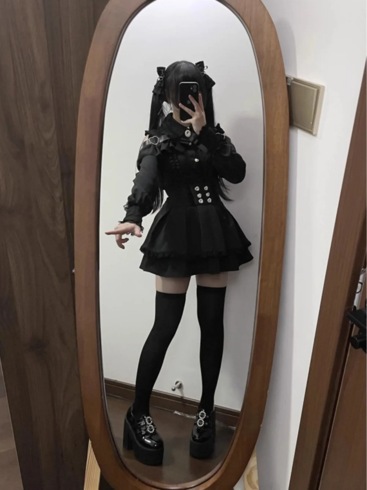 다크 고딕 스타일 어깨 노출 셔츠와 하프 스커트 세트 봄 가을 일본 학교 교복 스타일 투피스 세트 소녀용