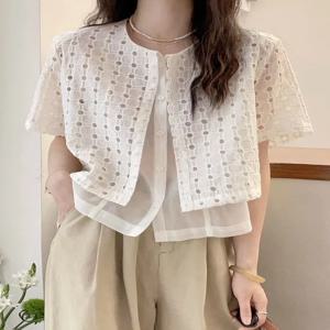 아울렛 브랜드 여성 셔츠 디자인 감각 유럽 제품 어퍼 반소매 라운드 넥 스플 라이스 Otago antung Fabric Commute Sle
