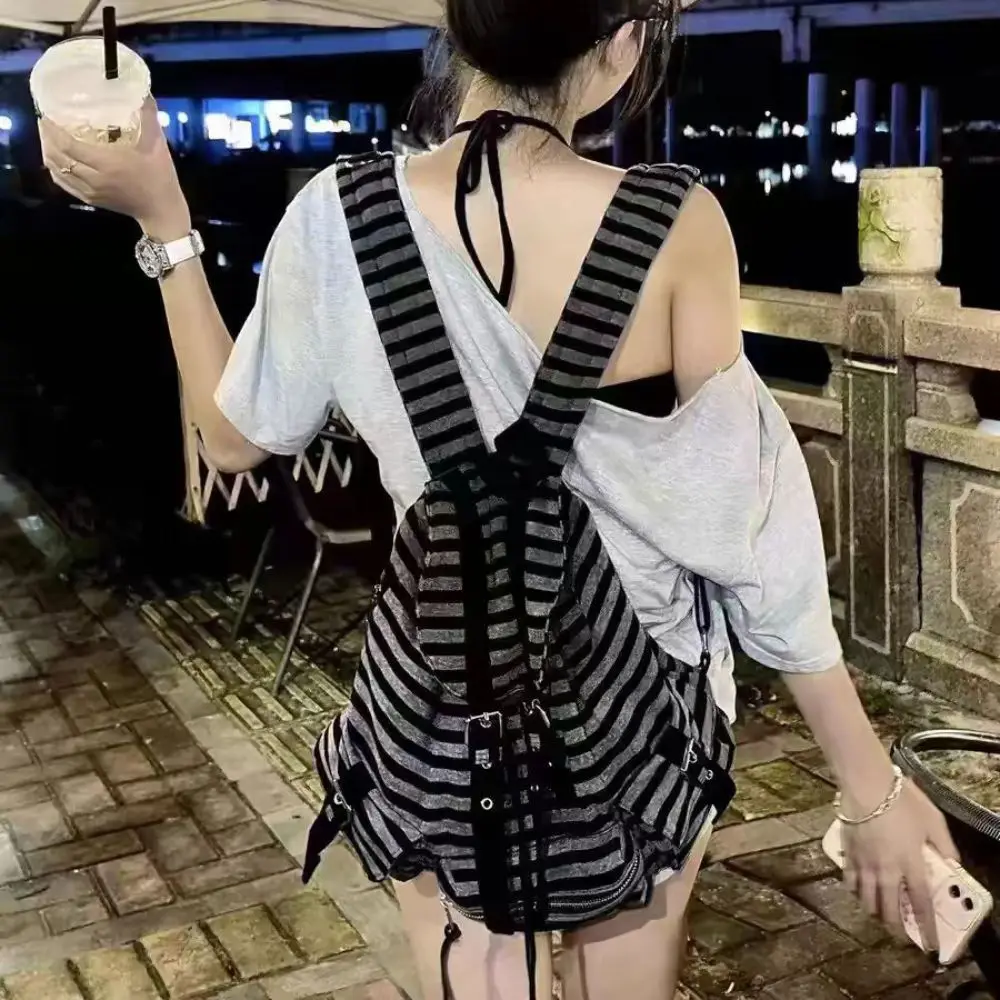 하이 퀄리티 한국 스타일 배낭, 드로스트링 디자인, 대용량 캐주얼 책가방, 소프트 플랫 스트라이프 토트백