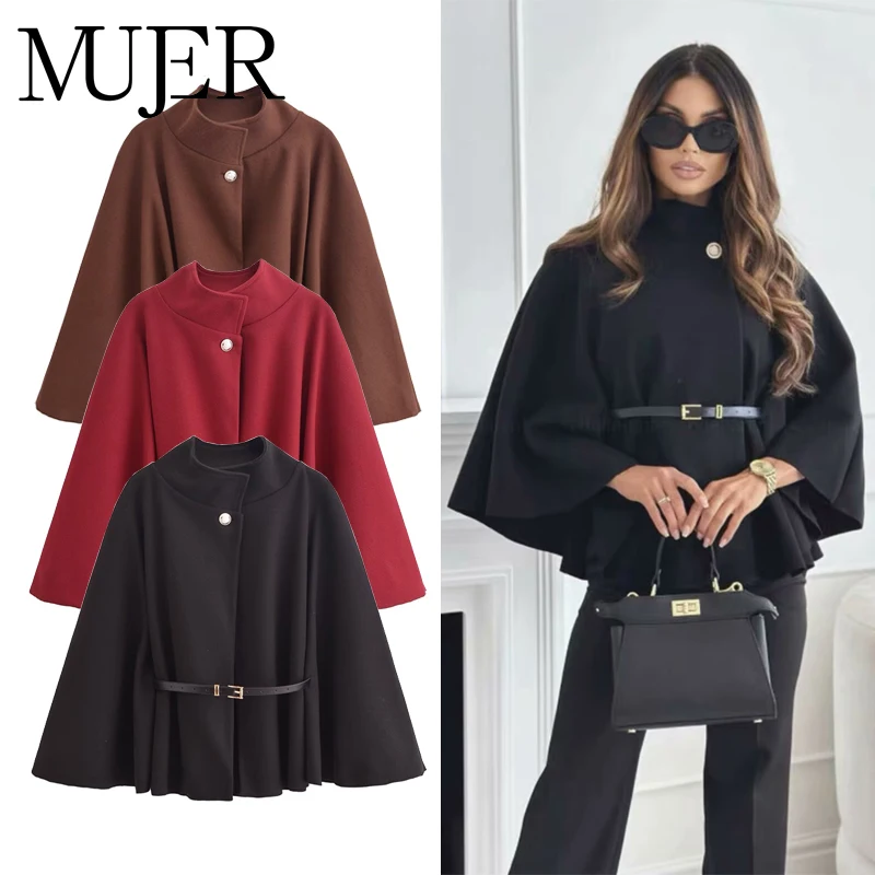 MUJER 벨트 판초 케이프 여성 블랙 망토 겨울 코트 여성 2025 배트 슬리브 케이프 코트 여성 패션 여성 케이프 재킷