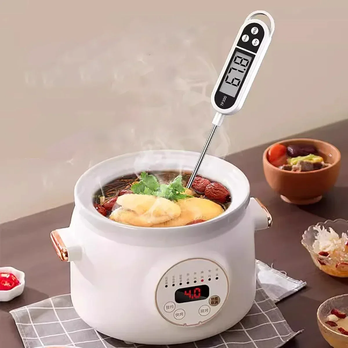 1PC 스테인레스 스틸 프로브 유형 가정용 식품 온도계 우유 온도 요리 식품 온도계, LR44 버튼 셀 필요