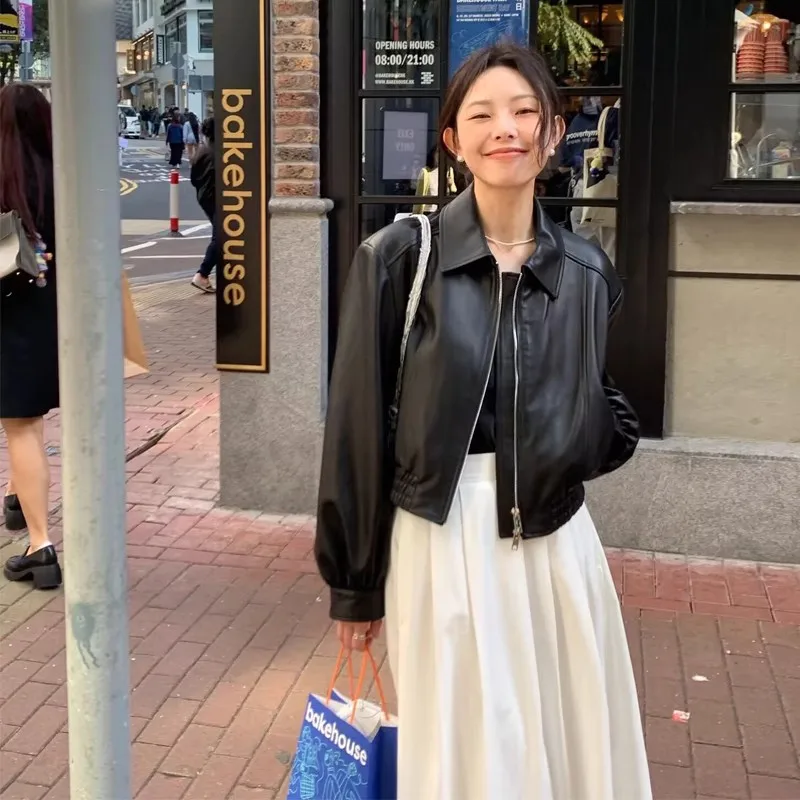 검정색 가죽 재킷 여성용 짧은 미국식 홍콩 스타일 가죽 재킷 가죽 자켓 가죽 재킷 검정색 짧은 여성용 미국식 홍콩 스타일 가죽 재킷