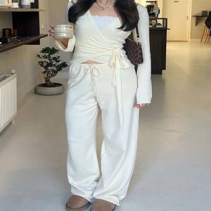 Absobe 가을 겨울 느슨한 바지 레저 정장 여성 플레어 슬리브 자르기 카디건 탑 레이스 업 솔리드 2 피스 세트 패션 복장