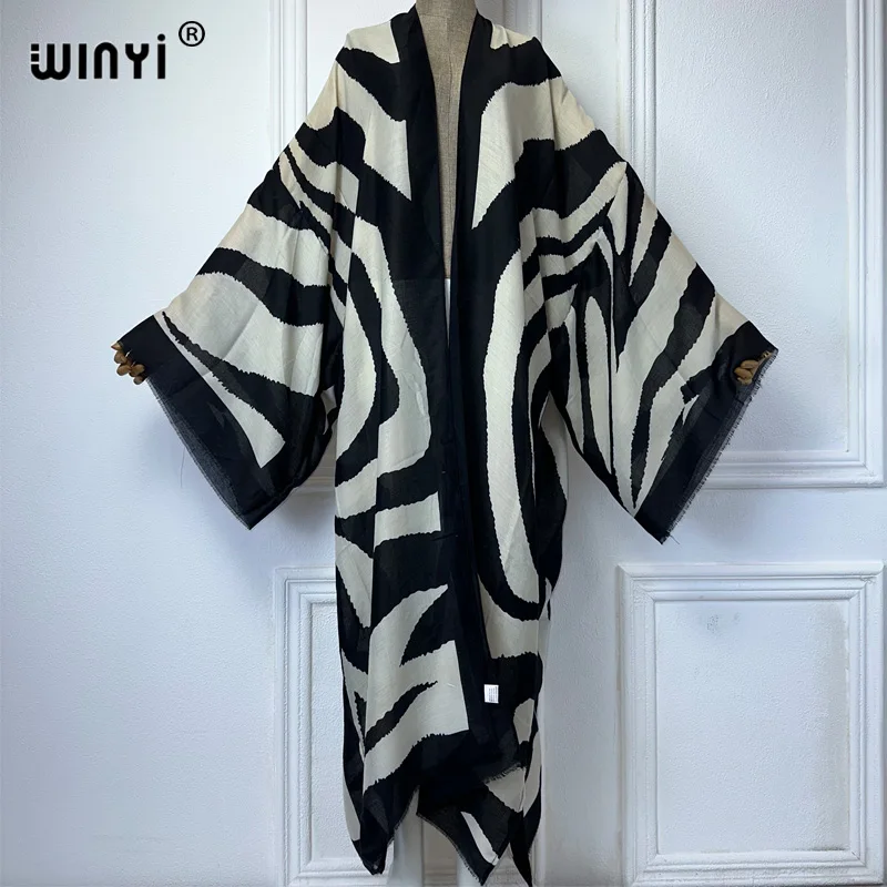 WINYI 기모노 얼룩말 프린트 카디건 abaya 두바이 럭셔리 우아한 해변 의상 롱 코트 여성 섹시 코튼 느낌 드레스 kaftan
