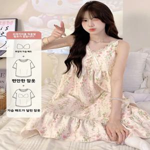 클라우드 코튼 레이스 v 넥 Strapl 브래지어 패드 수면 복장 여성 여름 잠옷 얇은 꽃 프린트 가운 Sweet Home Leisure