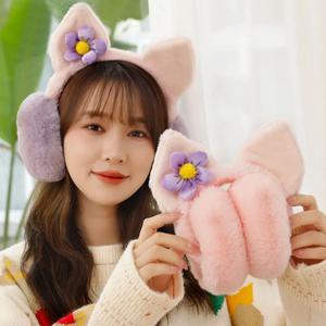 여성용 귀여운 만화 고양이 토끼 귀 따뜻한 귀마개, 봉제 토끼 귀 커버, 부드러운 방한 방풍 이어 캡