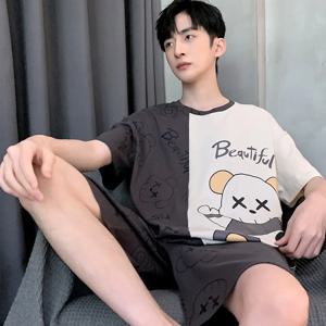 남성용 니트 면 잠옷 세트, 학생 홈웨어, 반팔 반바지, 만화 상의, 잠옷 라운지웨어, 2 세트
