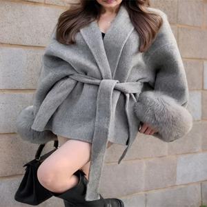 Trendix 폭스 모피 모직 여성 가을 ​​코트 패션 패치 워크 양면 양모 오버 코트 2025 새로운 우아한 오피스 통근자 자켓